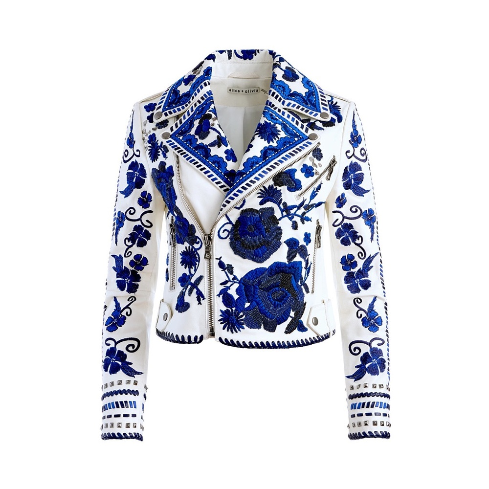 Alice + Olivia Cody Embroidered Floral Embellished Leather Moto Jacket - Picture 15 of 16